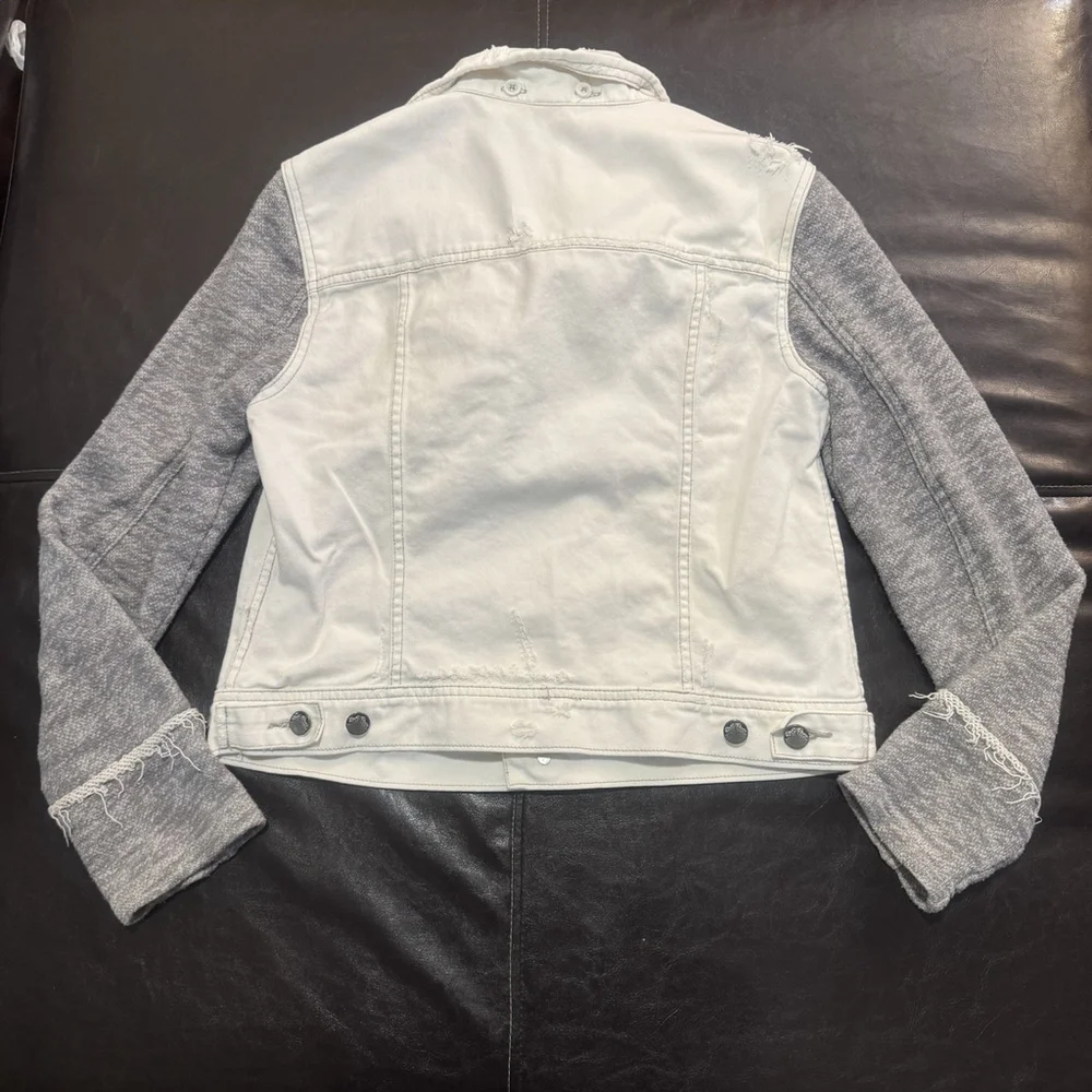 Free People Knit Sleeve Distressed Denim Jacket Size:M Removable Hood Women - Picture 9 of 13